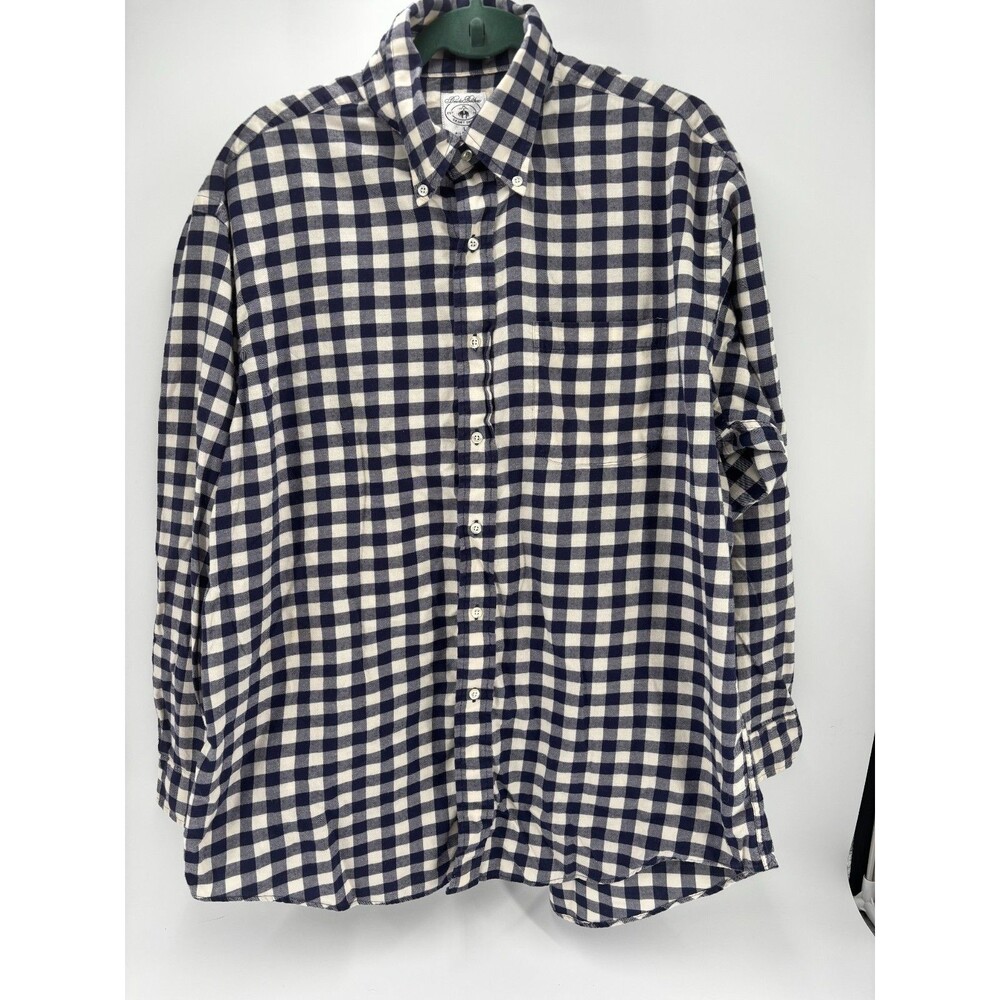 Brooks Brothers Shirt Mens Large Blue White Gingham Madison Flannel Cotton